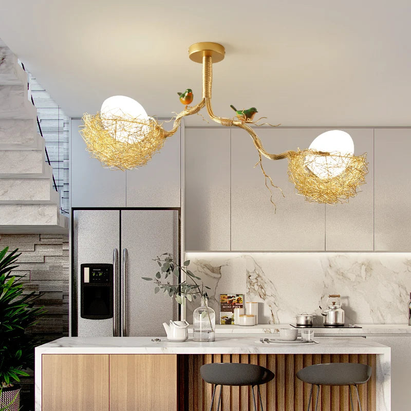 lustre led moderne en forme de nid d'oiseau avec boule de verre - vue 2 sur 14