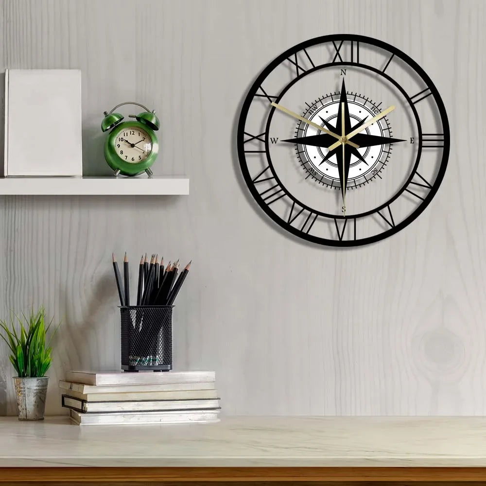 horloge murale silencieuse avec boussole et carte de direction - vue 4 sur 7