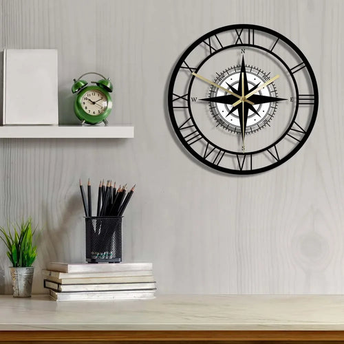 horloge murale silencieuse avec boussole et carte de direction - vue 4 sur 7
