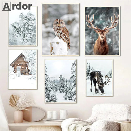 décoration murale forêt hivernale avec renard hibou et cerf - vue 5 sur 7