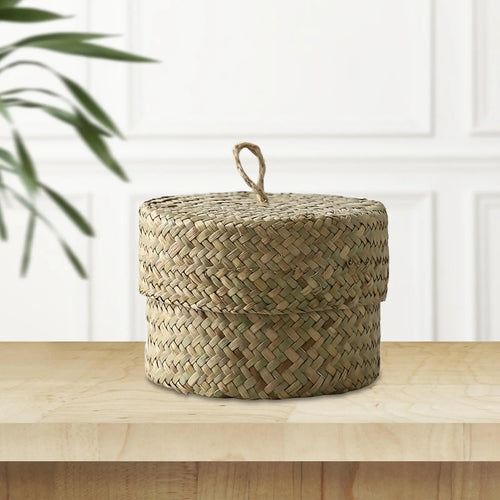 panier de rangement en rotin tissé fait main avec couvercle - vue 4 sur 7