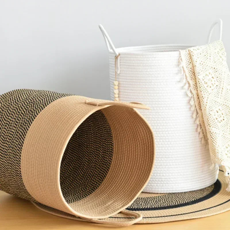 grand panier à linge tissé avec poignées en coton pliable - vue 3 sur 10