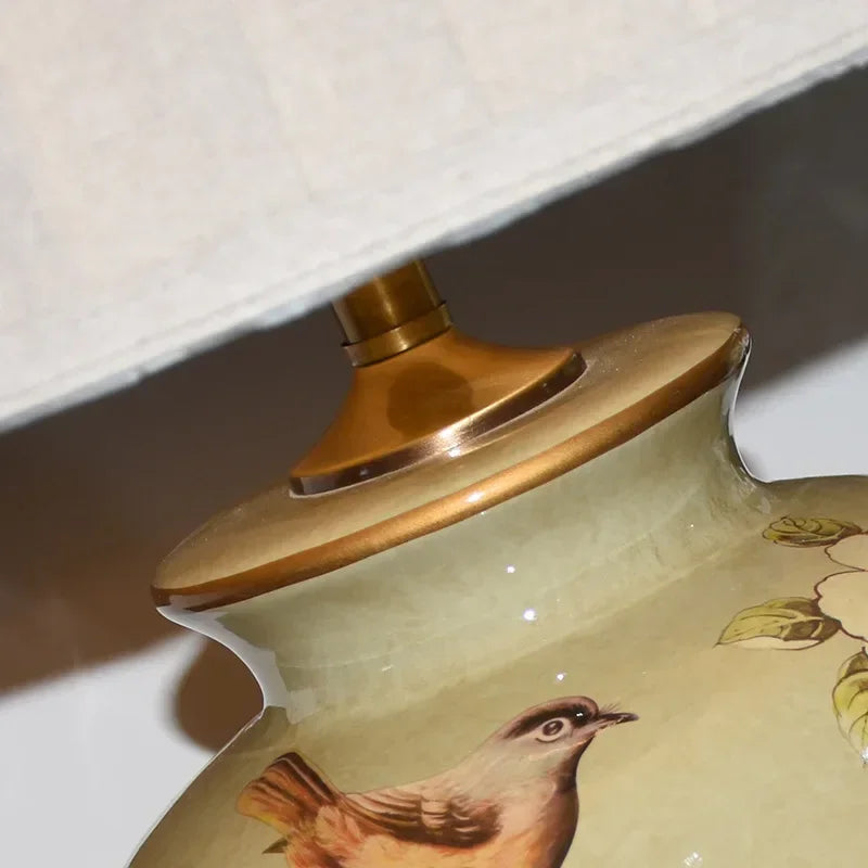 lampe de bureau nordique en céramique motif fleur et oiseau - vue 5 sur 9