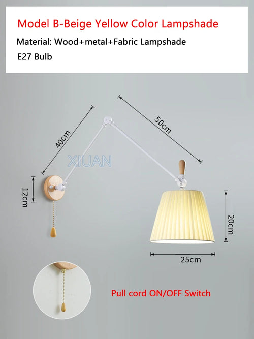 Nordic Shiftable Rocker Arm Wall Lamps Fabric Lampshade Dining Table Wall Light for Bedside Study Reading Lighting ON/OFF Switch - vue 11 sur 14