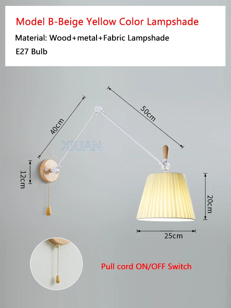 Nordic Shiftable Rocker Arm Wall Lamps Fabric Lampshade Dining Table Wall Light for Bedside Study Reading Lighting ON/OFF Switch - vue 10 sur 14