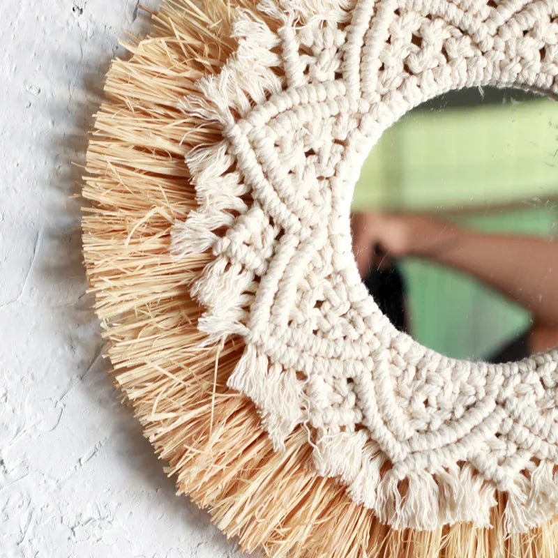 miroir mural bohème en paille tissée pour décoration intérieure - vue 3 sur 7