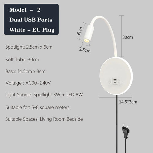 applique murale led moderne avec ports usb et interrupteur - vue 10 sur 22