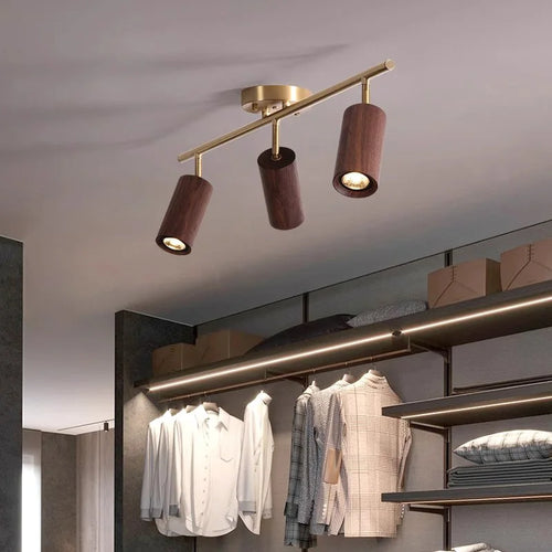 Walnut Wood Brass Spotlight Ceiling Light Fixture, Living Room Light for Dining Room, Kitchen Island, Corridor aisle, bedroom - vue 5 sur 14