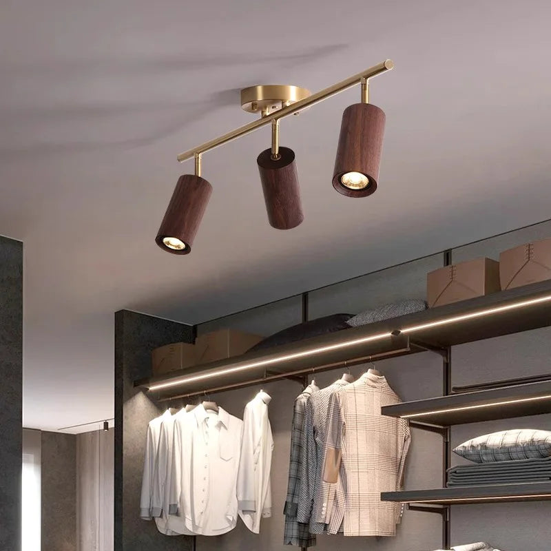 Walnut Wood Brass Spotlight Ceiling Light Fixture, Living Room Light for Dining Room, Kitchen Island, Corridor aisle, bedroom - vue 4 sur 14