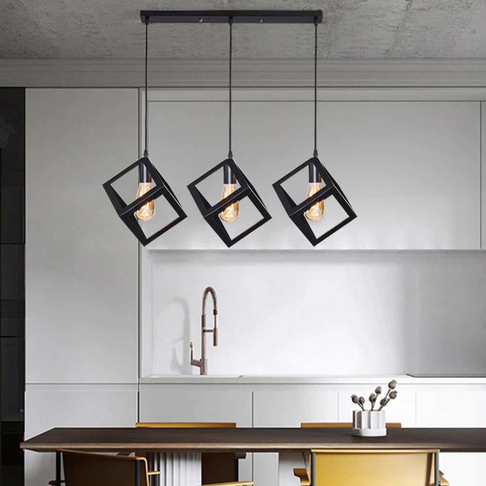 Black Geometric Pendant Lighting Modern Square Hanging Light Ceiling Fixture for Kitchen Island, Foyer, Hallway, Bedroom E27 - vue 3 sur 8