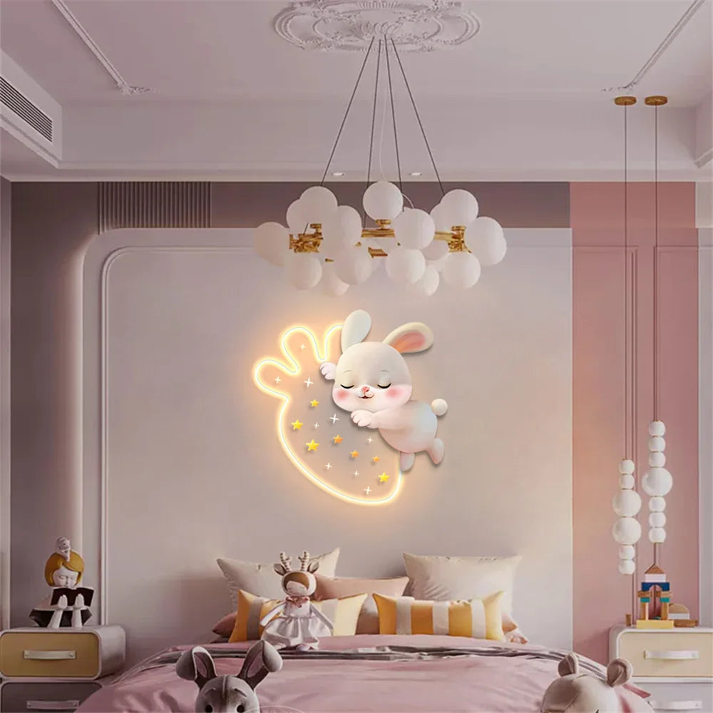 Dessin animé fraise lapin peinture décorative applique murale LED lampe filles chambre chevet atmosphère lumière enfants acrylique murale appliques - vue 6 sur 8