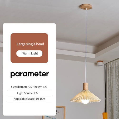 lustre nordique moderne en tissu plissé avec base en bois - vue 12 sur 14