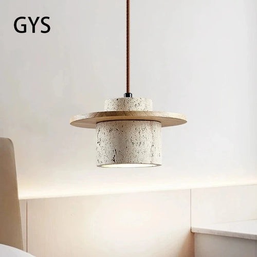 Suspension style japonais led vintage en pierre et bois - vue 2 sur 7