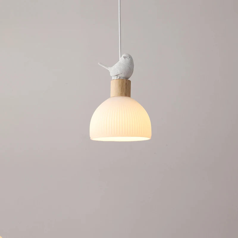 lustre led suspendu en bois avec abat-jour en verre blanc - vue 5 sur 8