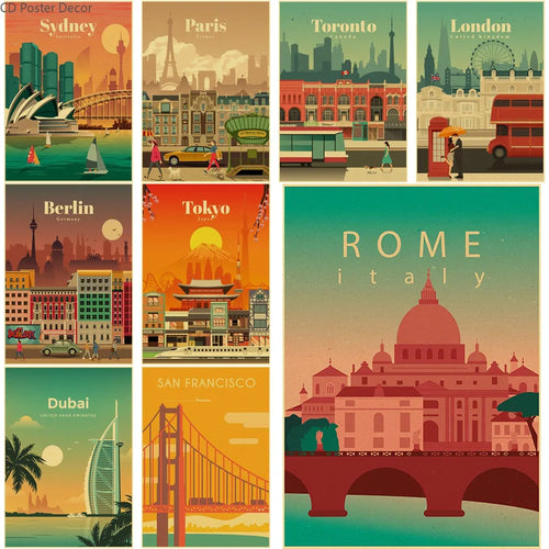affiche rétro des villes du monde pour décoration murale - vue 3 sur 6