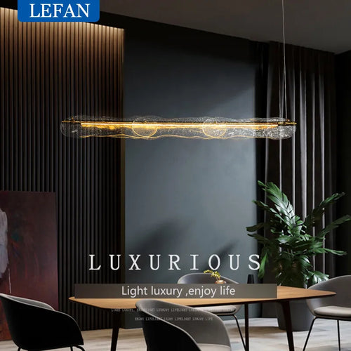 Lustre moderne allcopper lumière luxe créatif longue bande minimaliste bar salle à manger comptoir eau motif Suspension en verre - vue 3 sur 7
