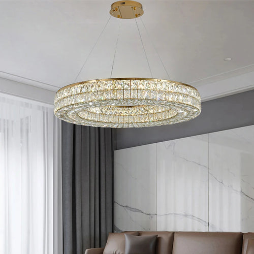 Lumière moderne luxe doré rond plafond lustre en cristal salon intérieur créatif anneau lumière LED lumineuse lustre - vue 5 sur 16