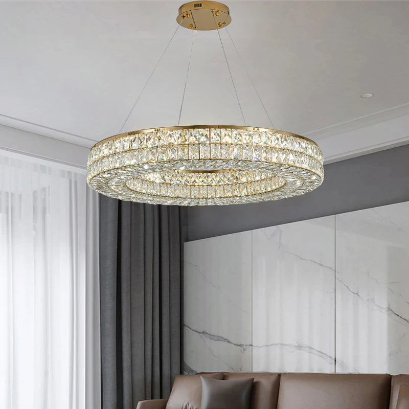 Lumière moderne luxe doré rond plafond lustre en cristal salon intérieur créatif anneau lumière LED lumineuse lustre - vue 4 sur 16