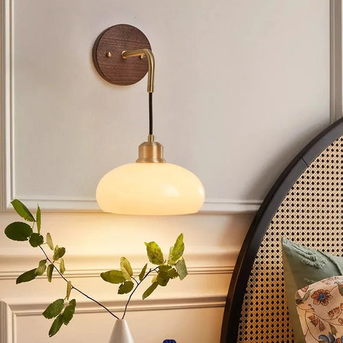 Walnut Wood Glass Brass, Wabi-sabi minimalist Modern style, Wall Sconce light for Bedroom, Bedside, Living, Dining Room - vue 5 sur 7