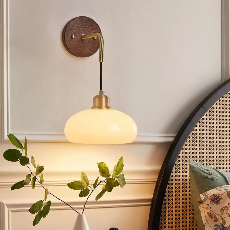 Walnut Wood Glass Brass, Wabi-sabi minimalist Modern style, Wall Sconce light for Bedroom, Bedside, Living, Dining Room - vue 4 sur 7