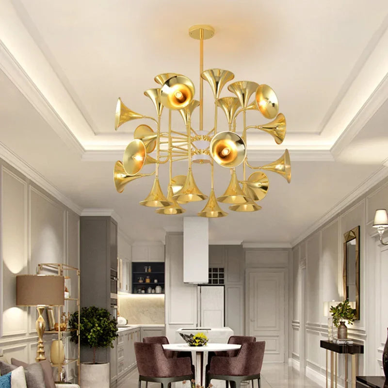 lustre trompette dorée à plusieurs têtes design moderne - vue 4 sur 10