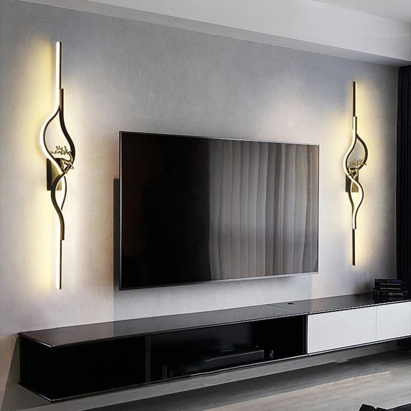 Modern Living Room Long Wall Lights with Anlter Design Gold Black TV Background Decorative Wall Lamp for Bedroom Remote Control - vue 2 sur 23