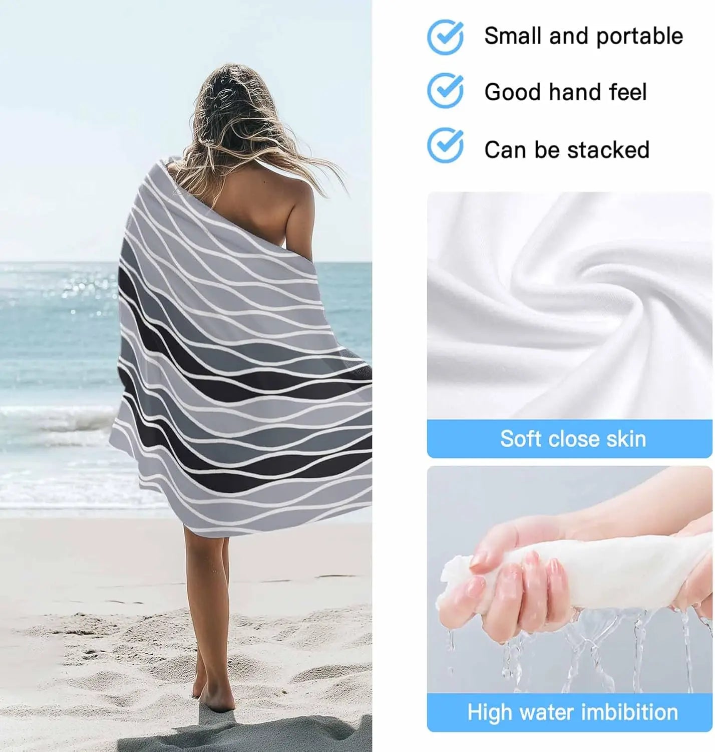 Serviette de plage motif vagues abstraites absorbante rapide - vue 5 sur 6