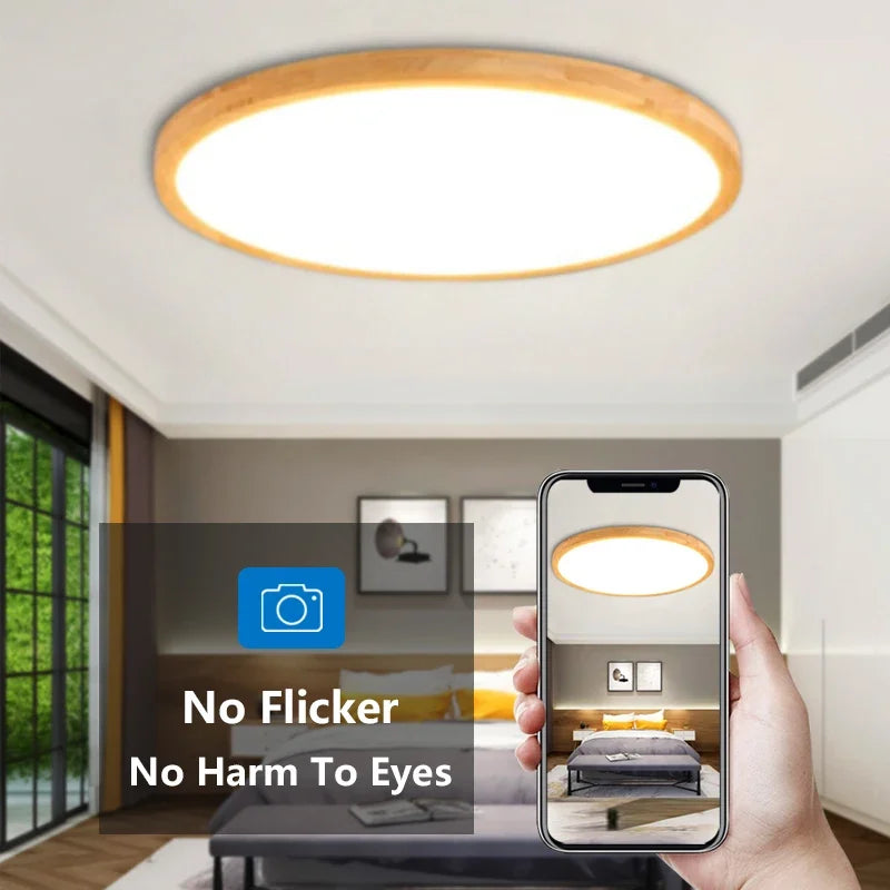 Plafonnier LED mince moderne bois salon étude chambre couloir foyer - vue 6 sur 11