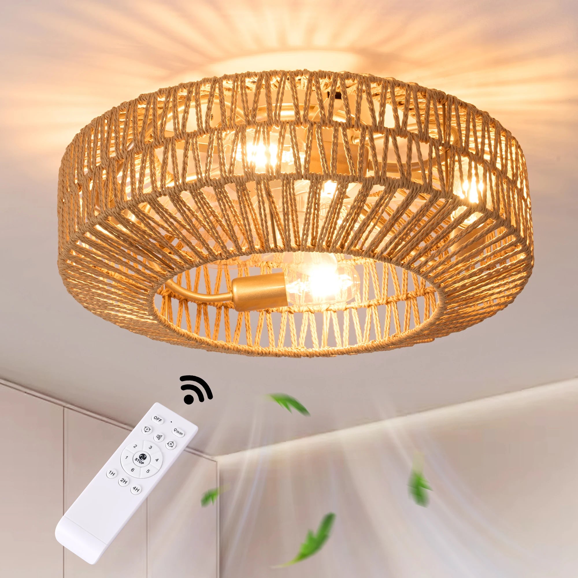 ventilateur de plafond en rotin avec lumière et télécommande vintage - vue 4 sur 7