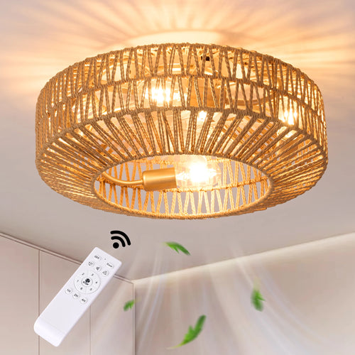 ventilateur de plafond en rotin avec lumière et télécommande vintage - vue 4 sur 7