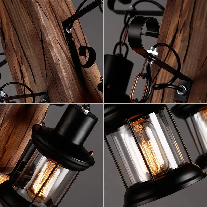 Lustre LED rétro industriels antiques LOFT Bar Vintage Art bois E27 - vue 5 sur 24