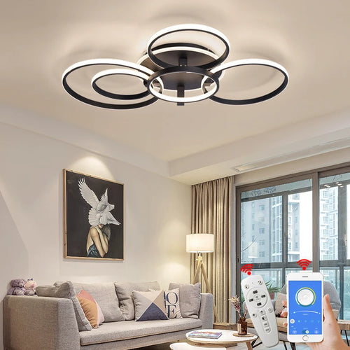 Lustre Led moderne anneau Led plafonniers salon chambre lumières plafond noir/blanc 1-5 anneau d'éclairage APP/lustre à distance - vue 2 sur 16