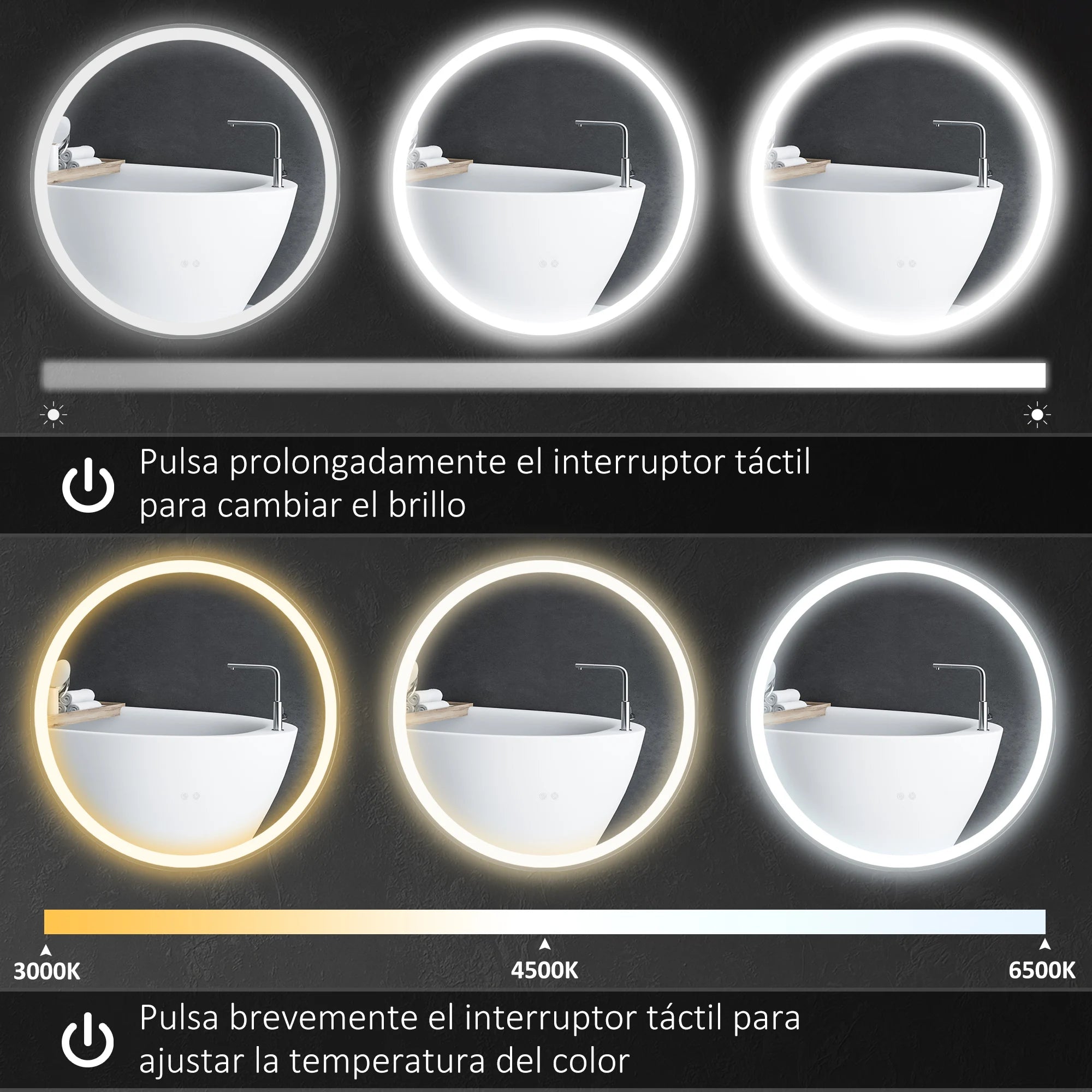 miroir rond avec lumières led réglables antibuée argent - vue 6 sur 7