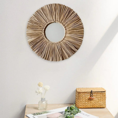 miroir mural rond en corde de paille fait main décoratif à suspendre - vue 2 sur 7