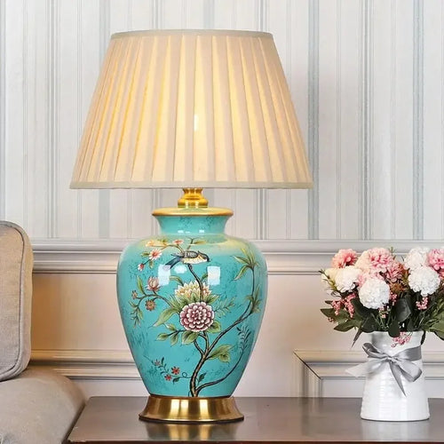 lampe de bureau nordique en céramique motif fleur et oiseau - vue 2 sur 9