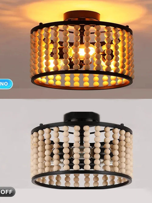 plafonnier en perles de bois fait main style vintage pour intérieur chaleureux - vue 5 sur 7