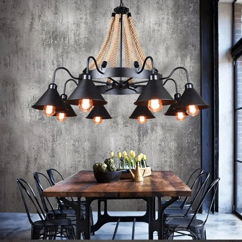 suspension vintage en corde de chanvre et fer style industriel