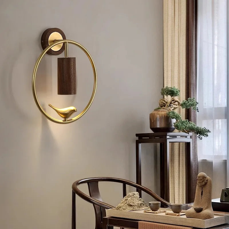 Walnut Wood Circle Brass bird, Wabi-sabi Modern style, Wall Sconce light for Bedroom, Bedside, Living, Recreation, Study - vue 3 sur 8