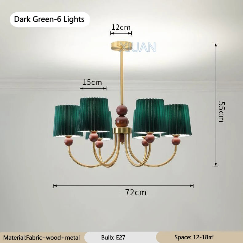 lustre led vintage américain en tissu plissé et bois wabi-sabi - vue 10 sur 12