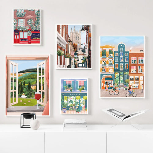 aquarelle art mural ville côtière avec vue sur rue commerciale - vue 4 sur 7