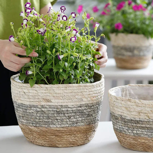 panier à fleurs en paille tressée pour plantes et jardin - vue 10 sur 10