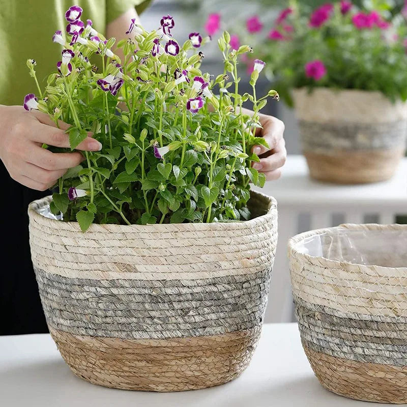 panier à fleurs en paille tressée pour plantes et jardin - vue 10 sur 10