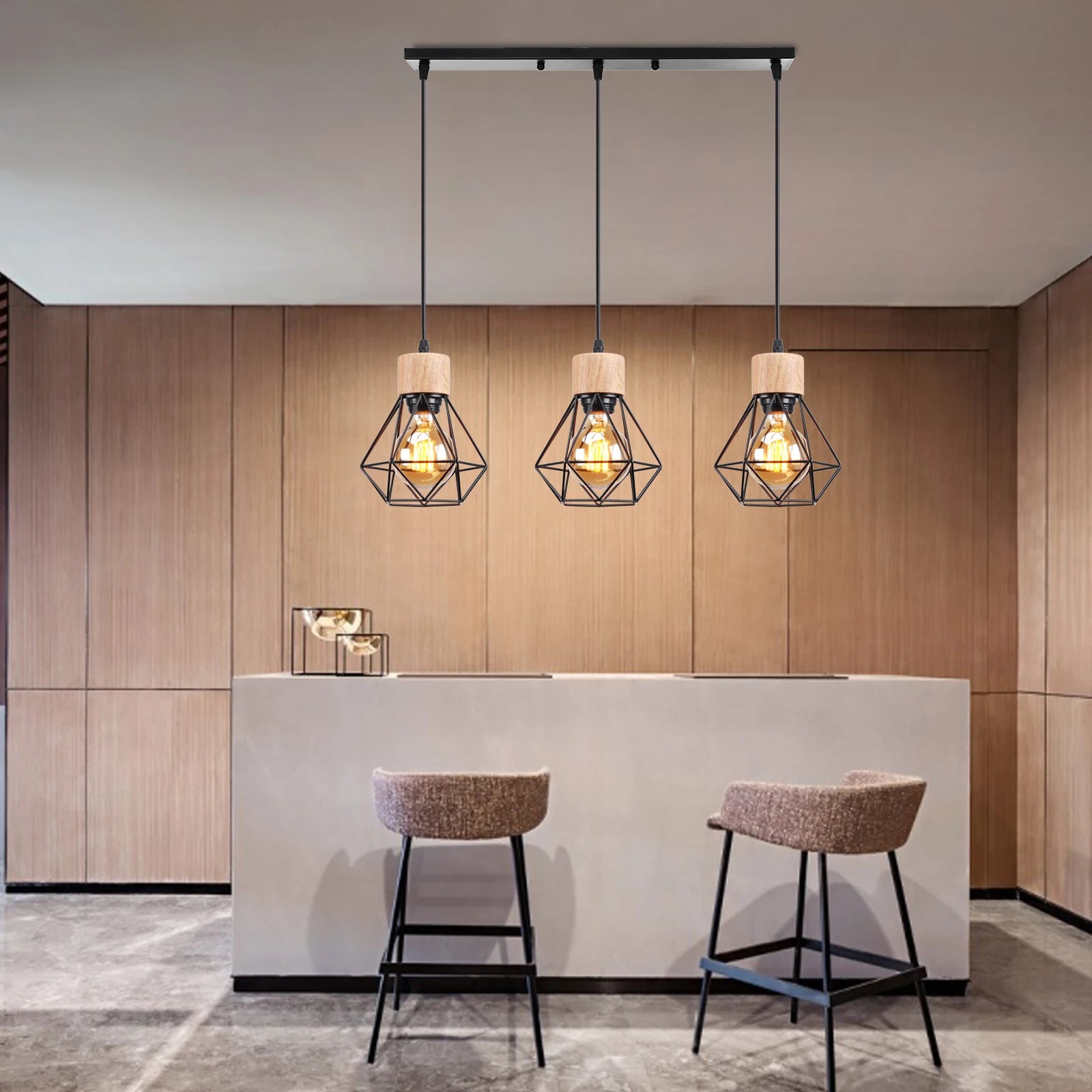 suspension vintage en bois industriel luminaire led suspendu - vue 2 sur 14