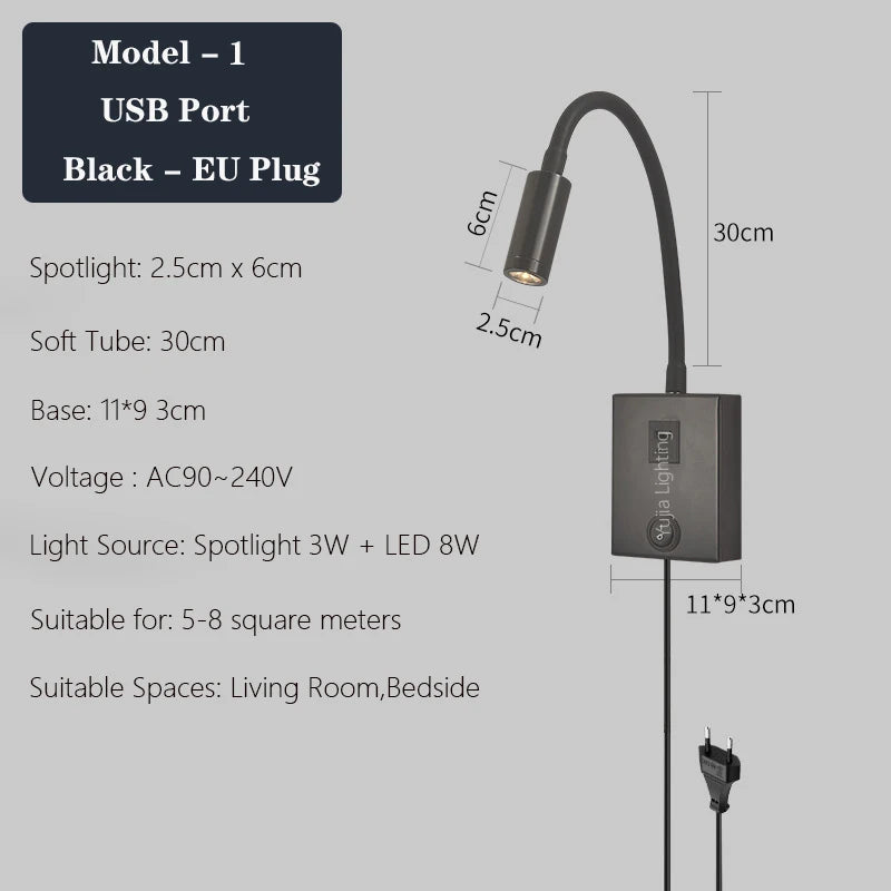 applique murale led moderne avec ports usb et interrupteur - vue 8 sur 22