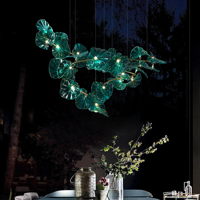 lustre artistique avec feuilles de verre suspendu led pour hôtel - vue 4 sur 13