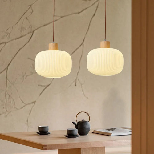Suspension en verre blanc lampe suspendue de simplicité japonaise pour salon chambre salle à manger Loft lampe suspendue en bois - vue 4 sur 14