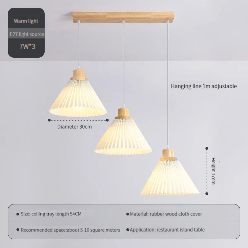 lustre nordique moderne en tissu plissé avec base en bois - vue 8 sur 14