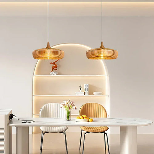 lustre en bois rond rétro pour table de restaurant avec led - vue 4 sur 15