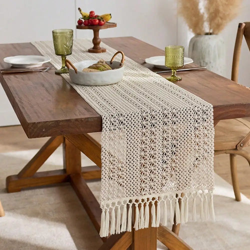 Chemin de table bohème beige à pompons géométriques - vue 8 sur 7