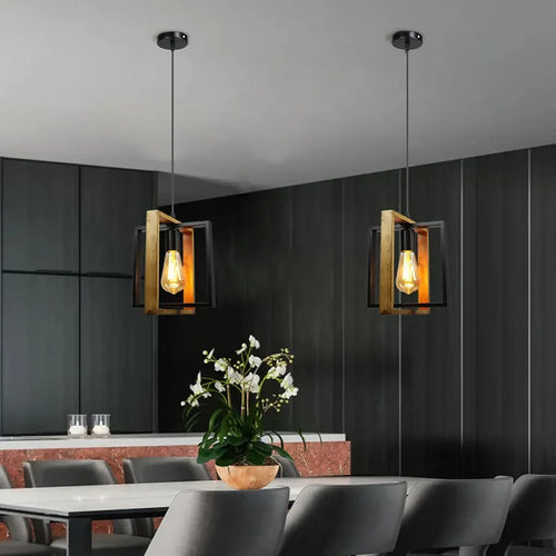 lustre rétro en fer et bois pour bar restaurant - vue 2 sur 7